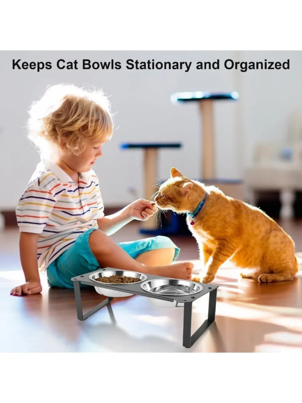 Elevated Cat Food & Water Bowls Set - 4 Stainless Steel Dishes with Cute Stand